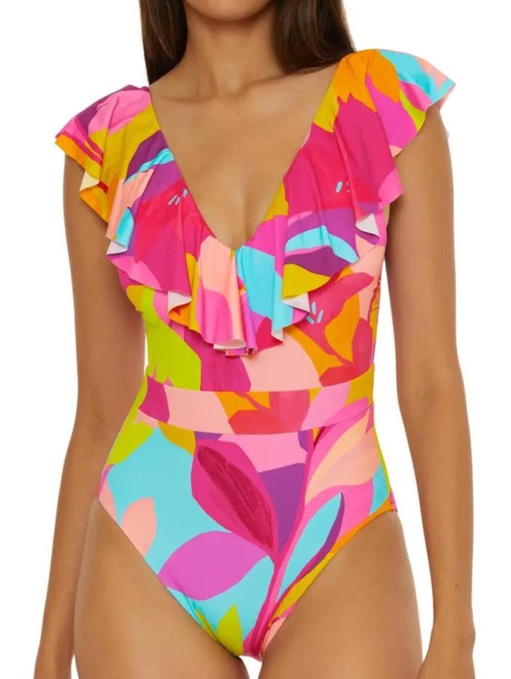 TRINA TURK colorful Lilleth Ruffle One-Piece Swimsuit size 12 $162 New
